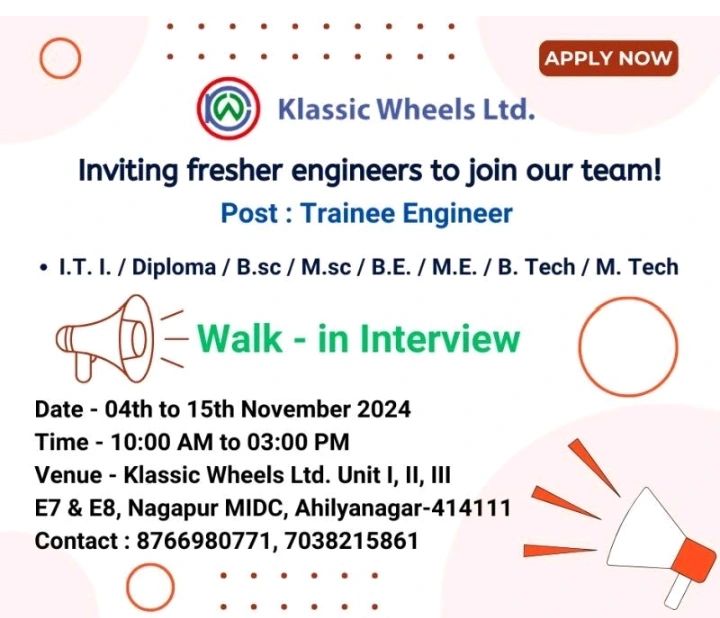 Odishajobs- Klassic Wheels Ltd Recruitment 2024 | I.T. l. / Diploma / B.sc / M.sc / B.E. / M.E. / B. Tech / M. Tech