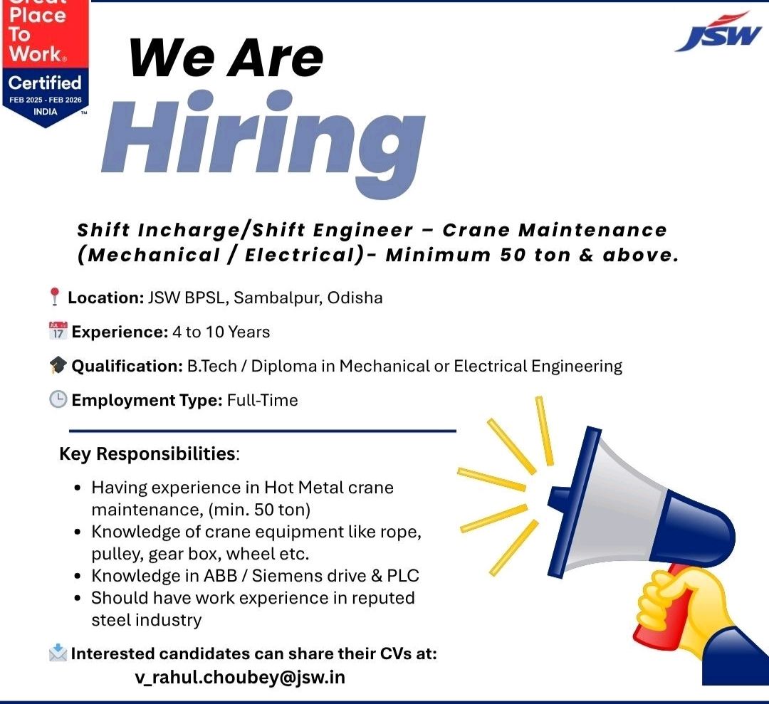 Odishajobs- JSW BPSL Recruitment 2025 – Crane Maintenance Engineer Jobs in Odisha Apply Now Odishajobs- JSW BPSL Recruitment 2025 – Crane Maintenance Engineer Jobs in Odisha Apply Now