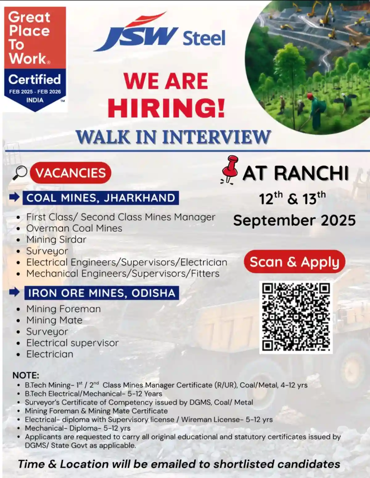 Odishajobs- JSW Steel Recruitment 2025 Walk-in Interview at Ranchi